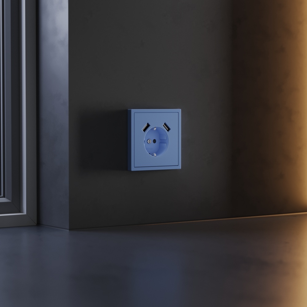 Накладка для розетки с заземлением и защитными шторками, с USB A+A Voltum S70 (деним) VLS000915