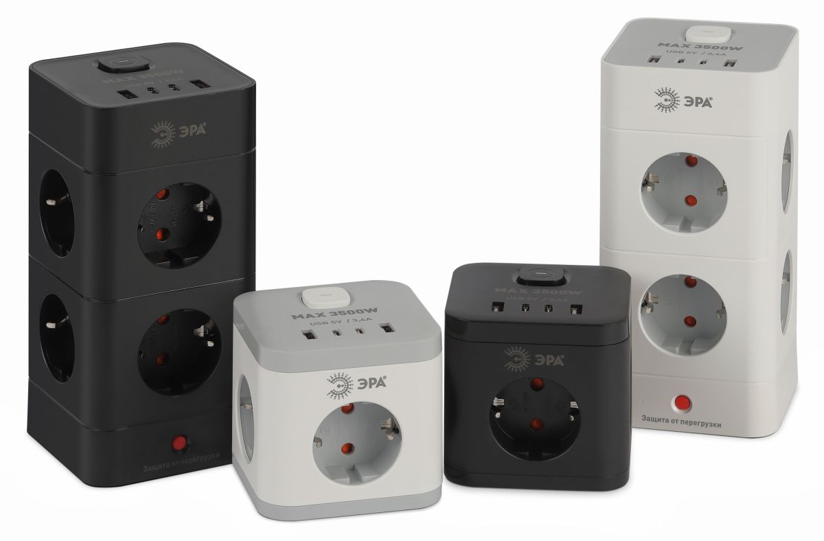 Сетевой фильтр ЭРА CUBE-3es-1,5m-4USB-W куб с заземлением с выключателем 3 розетки+4xUSBA+C 1,5м 16А белый Б0069073