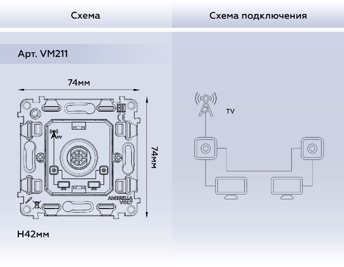 Механизм TV розетки проходной 5-1000 MHz 4dB Ambrella Volt Quant VM211