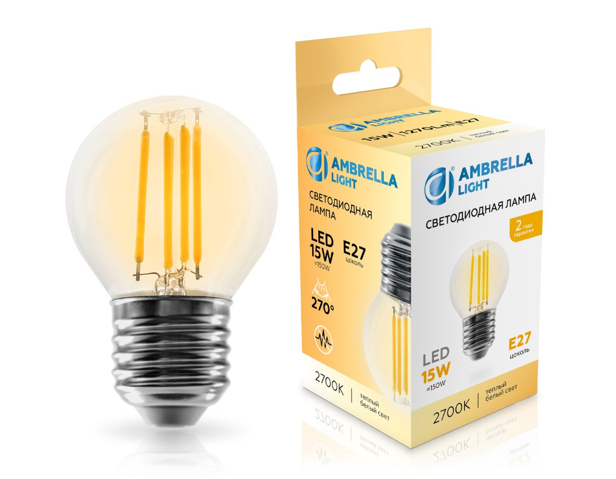 Филаментная светодиодная лампа Ambrella Light Bulbing E27 15W 2700K шар 451523