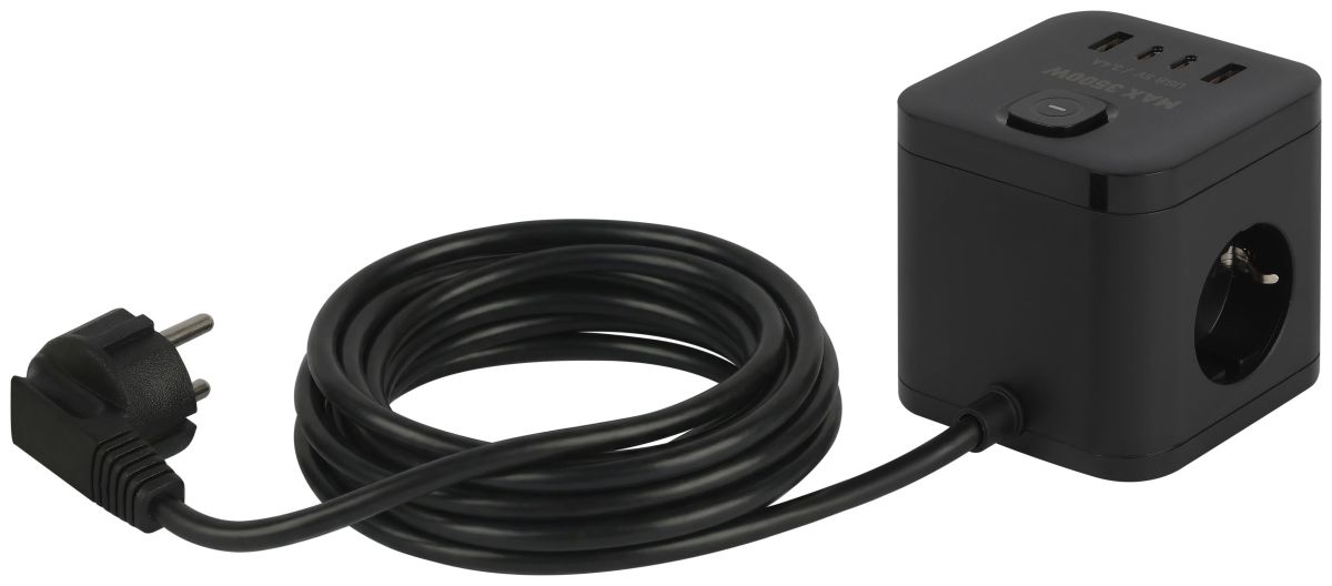 Сетевой фильтр ЭРА CUBE-3es-1,5m-4USB-B куб с заземлением с выключателем 3 розетки+4xUSBA+C 1,5м 16А черный Б0069074