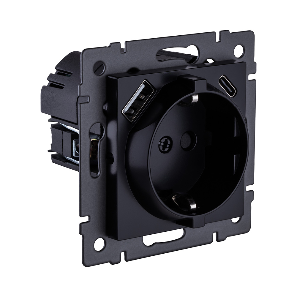 Розетка штепсельная SCHUKO 16A/250 В с USB A+C 20W, черный Kollinger REA-004BK для Aspekt, Eleganz, Reflex