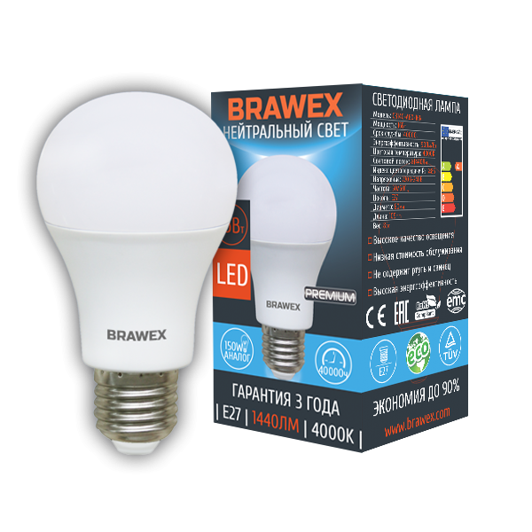 Лампа светодиодная Brawex груша матовая E27 16Вт 4000K 0314G-A60-16N