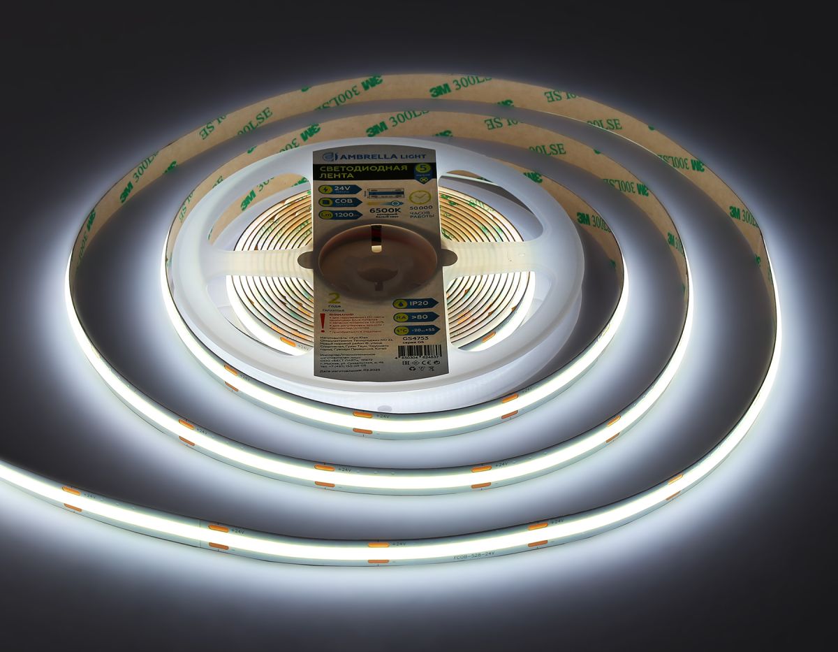 Светодиодная лента Ambrella Light Illumination COB 528Led/14W m/ 24V IP20 6500K/ 5m*10mm*2mm (2 конт.) GS4753