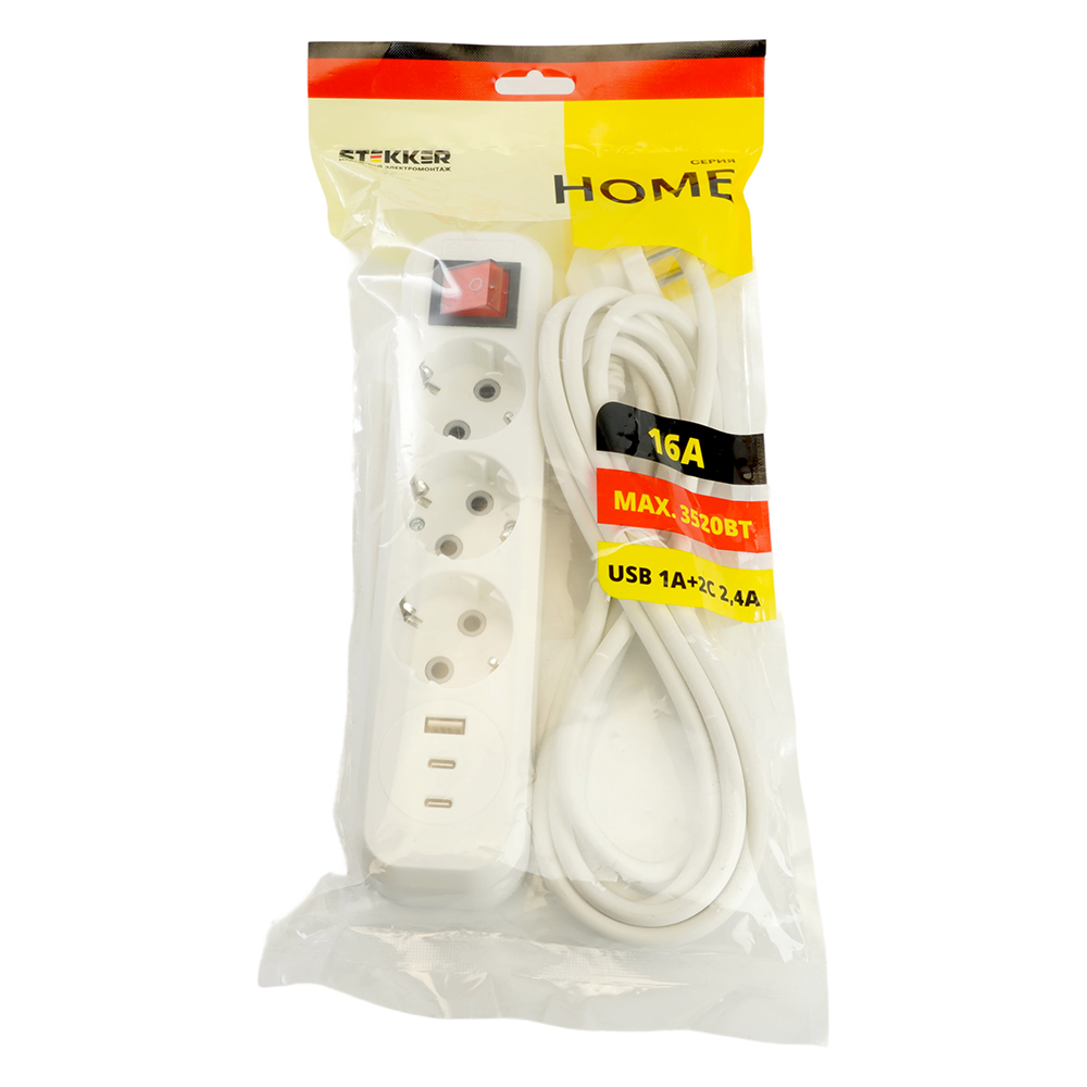 Удлинитель 3-местный с/з с выключателем Stekker Home HM071-31-02 50136