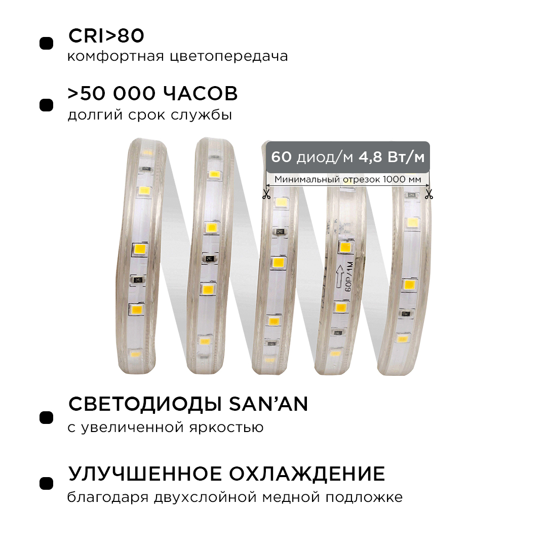 Комплект светодиодной ленты Apeyron 220В 4,8Вт/м smd3528/2835 60д/м IP65 300Лм/м 5м 6000К (сетевой шнур, заглушка, крепежи)  10-04