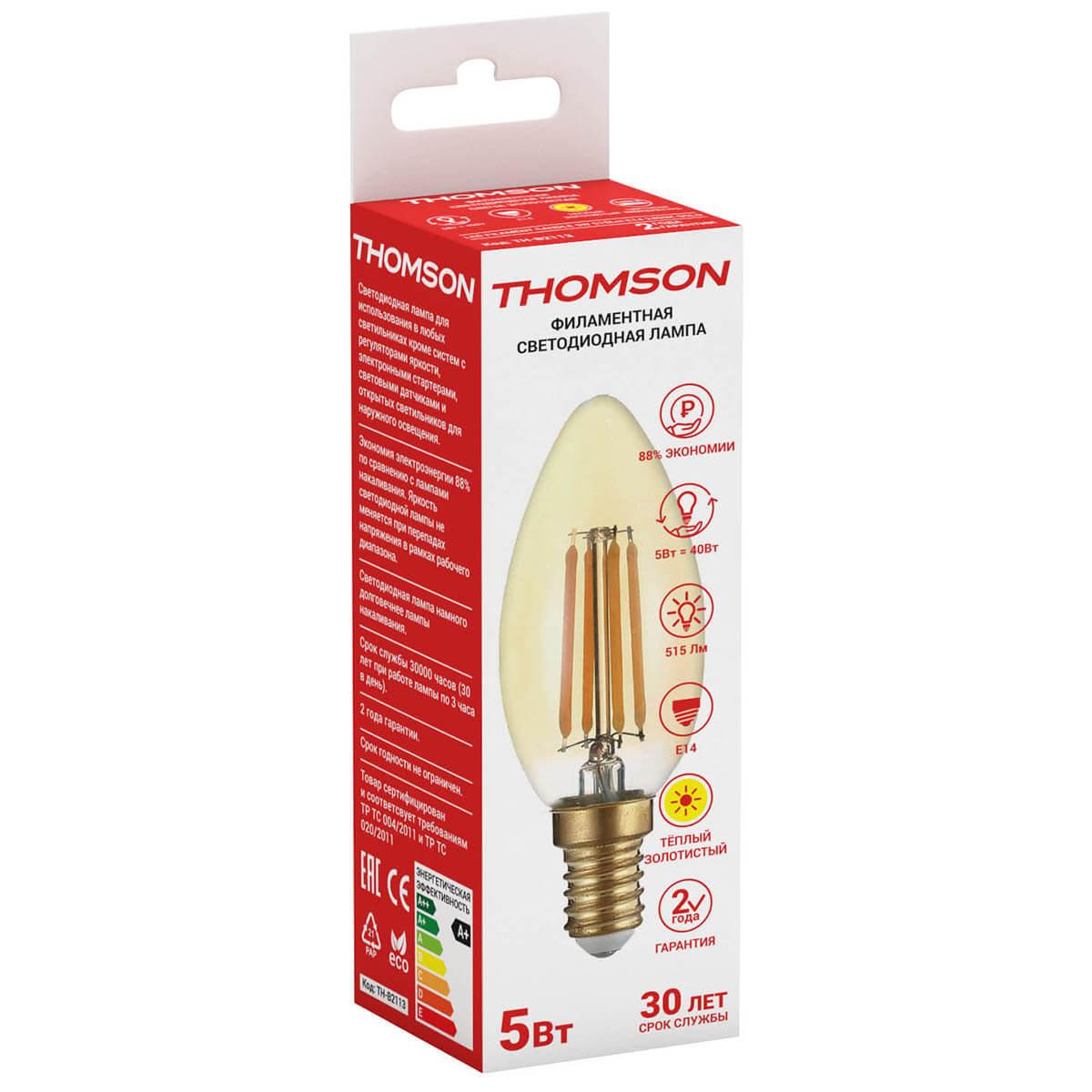 Лампа светодиодная филаментная Thomson E14 5W 2700K свеча прозрачная TH-B2065