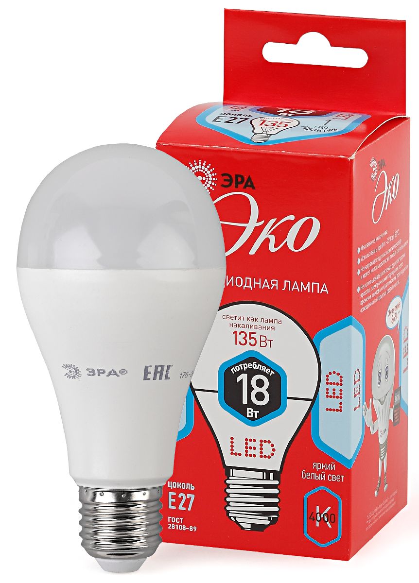 Лампа светодиодная Эра E27 18W 4000K ECO LED A65-18W-840-E27 Б0031708
