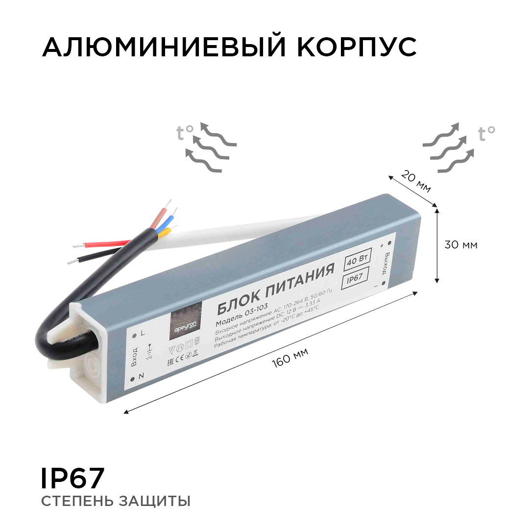 Блок питания Apeyron 12В (СТ) 40Вт импульсный IP67 170-264В 3,33А 03-103