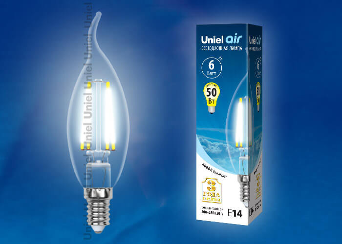 Лампа светодиодная филаментная (UL-00002229) Uniel E14 6W 4000K прозрачная LED-CW35-6W/NW/E14/CL GLA01TR