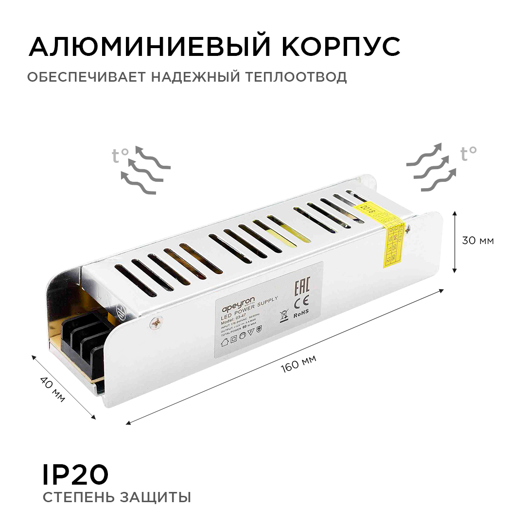 Блок питания Apeyron 12В 60Вт IP20 5А 03-47