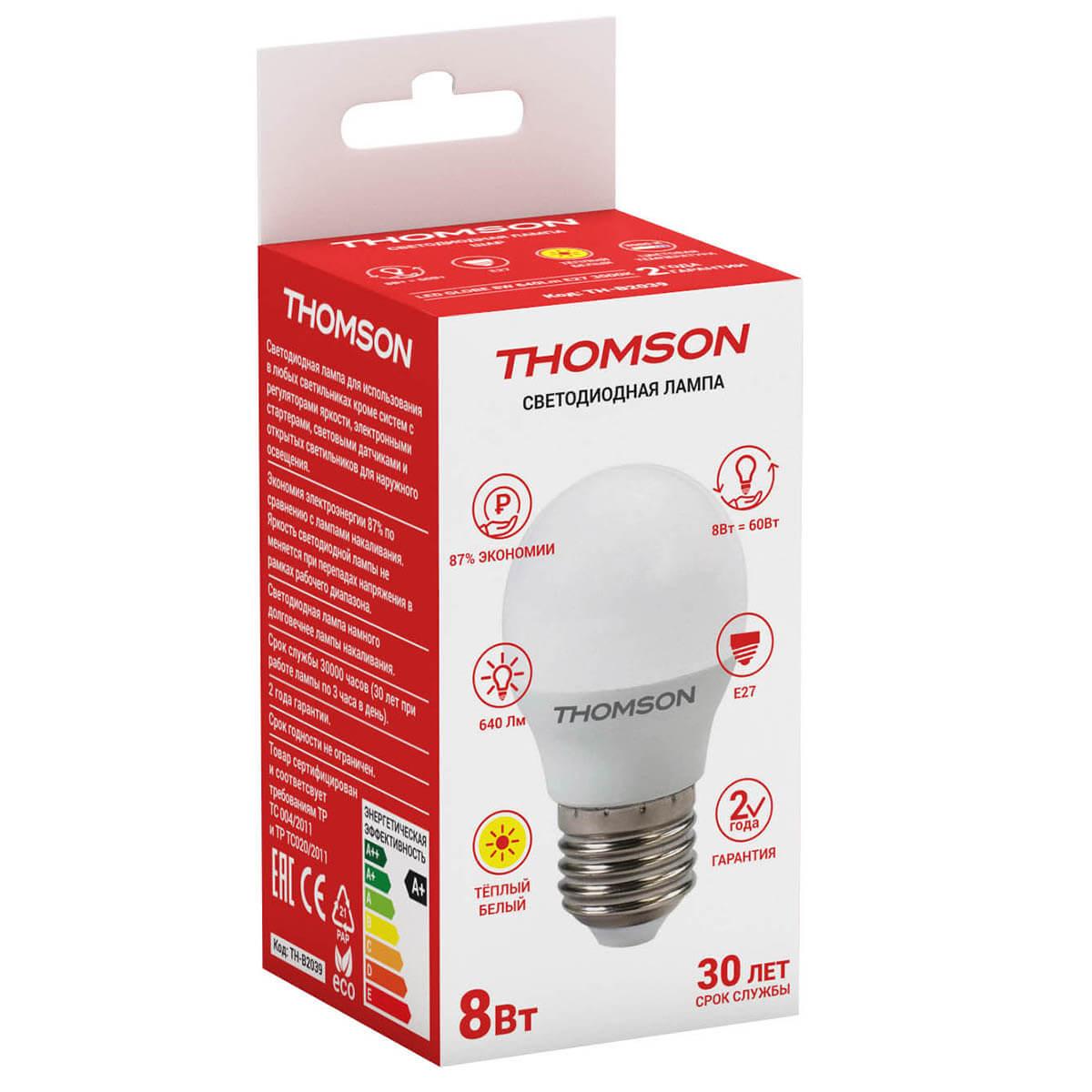 Лампа светодиодная Thomson E27 8W 3000K шар матовый TH-B2039