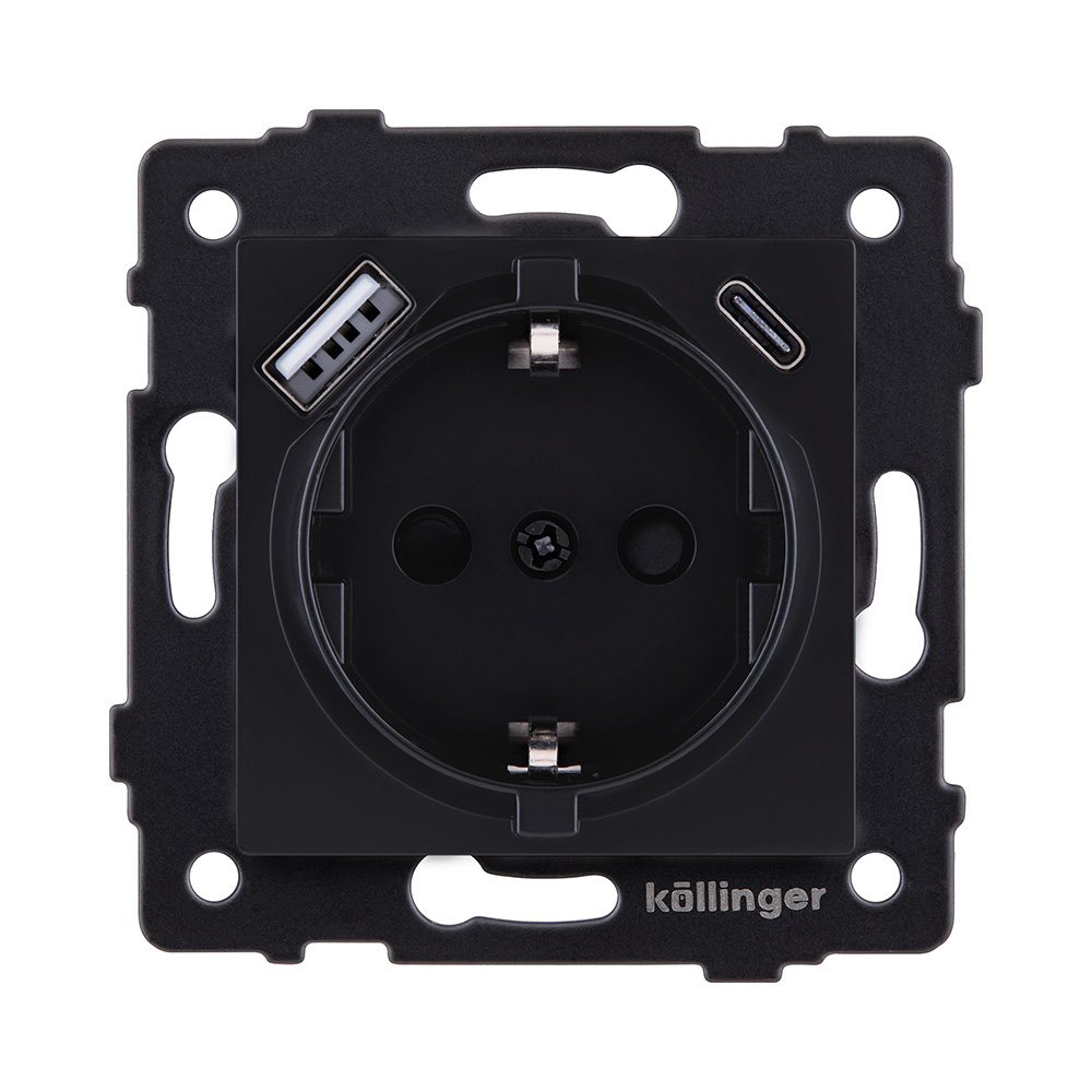 Розетка штепсельная SCHUKO 16A/250 В с USB A+C 20W, черный матовый Kollinger REA-004BM для Aspekt, Eleganz, Reflex