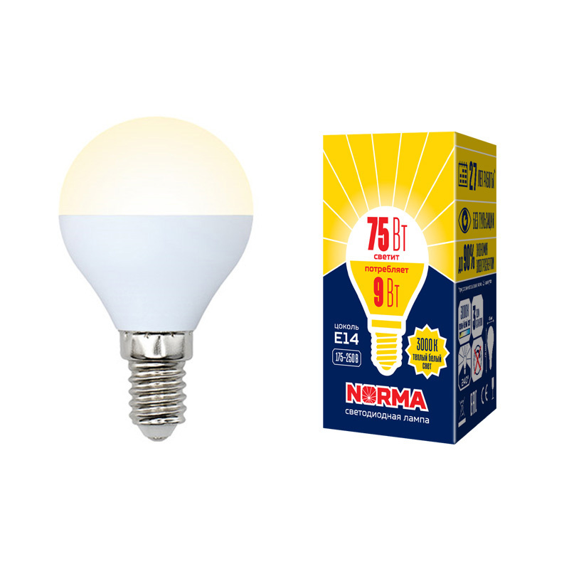 Лампа светодиодная (UL-00003826) Volpe E14 9W 3000K матовая LED-G45-9W/WW/E14/FR/NR УЦ