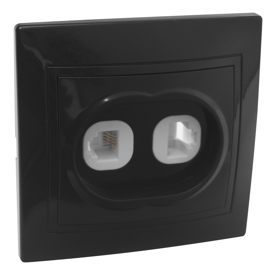 Розетка телефонная RJ11 + компьютерная RJ45 скрытой установки IP20, черная 