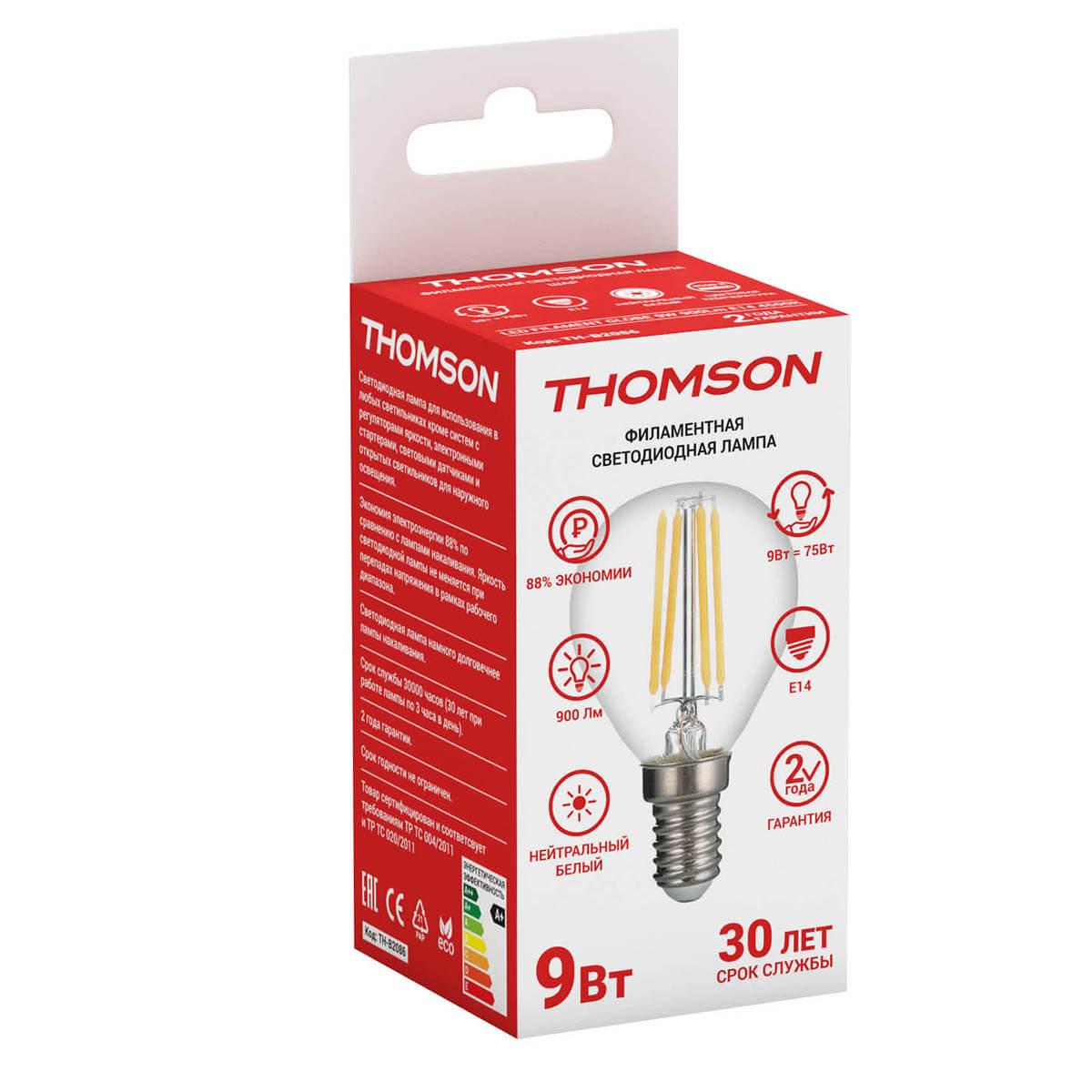 Лампа светодиодная филаментная Thomson E14 9W 4500K шар прозрачный TH-B2086