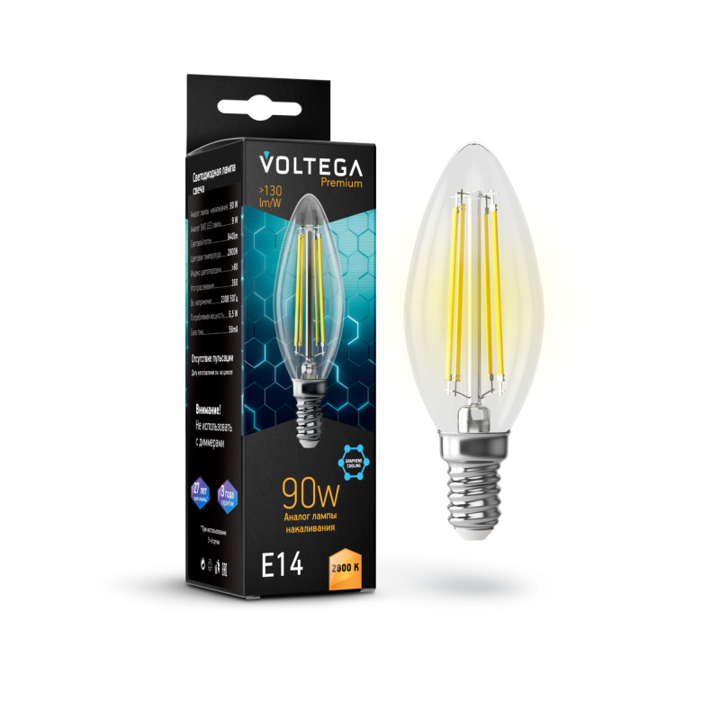 Лампа светодиодная филаментная Voltega E14 7W 2800K свеча прозрачная VG10-C35E14warm9W-F 7134