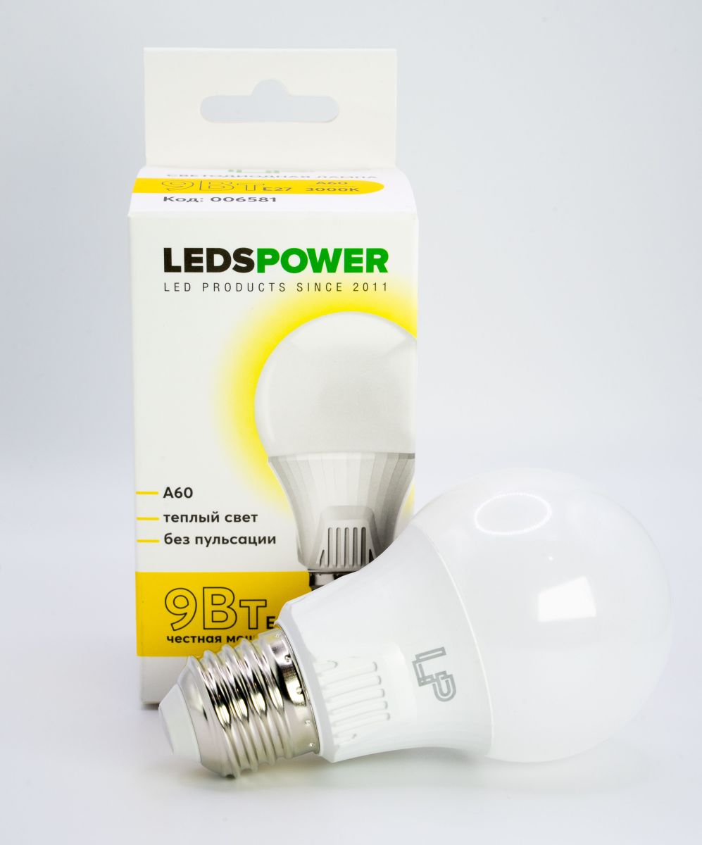 Светодиодная лампа LEDS POWER A60 E27 9Вт 3000К 006581