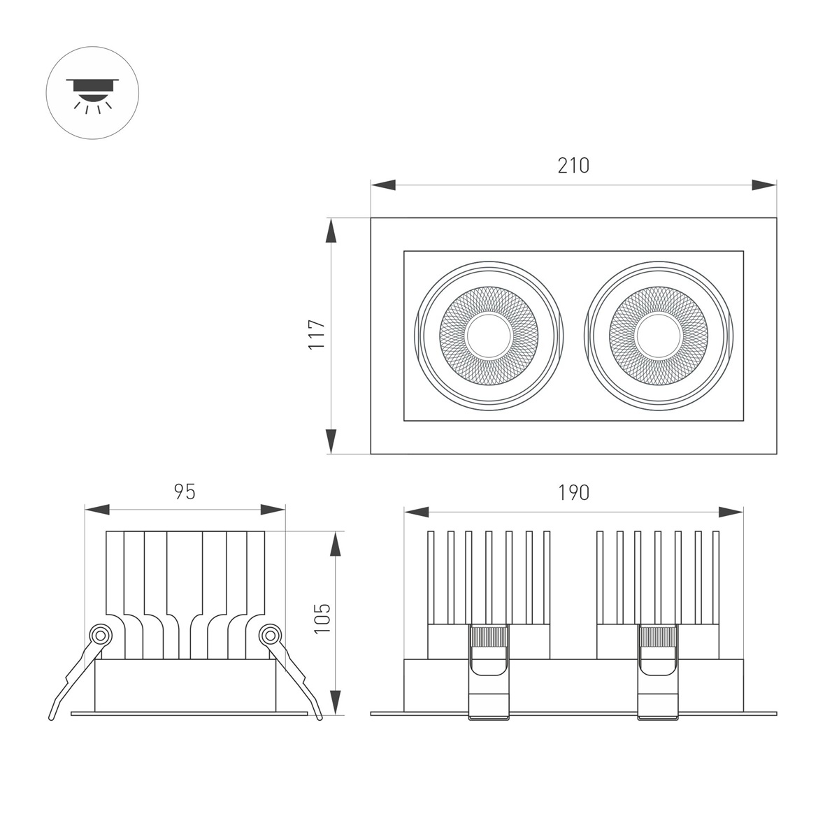 Встраиваемый карданный светильник Arlight MS-VORTEX-BUILT-S210x117-2x20W Day4000 (BK-BK, 40 deg, 230V) (IP20 Металл) 058441