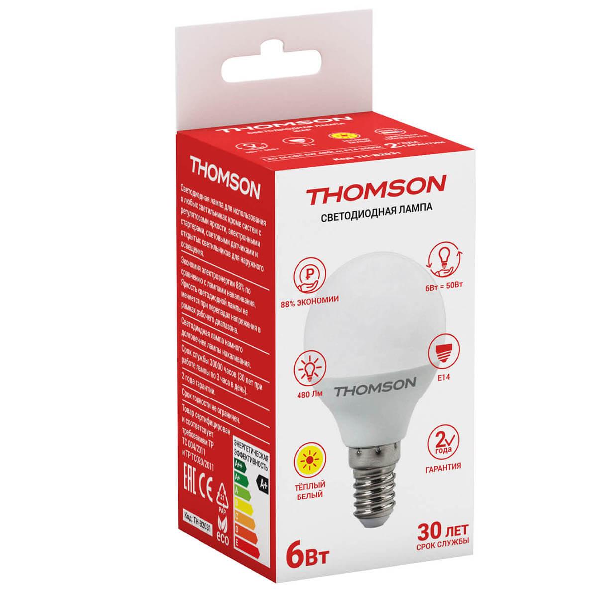 Лампа светодиодная Thomson E14 6W 3000K шар матовый TH-B2031