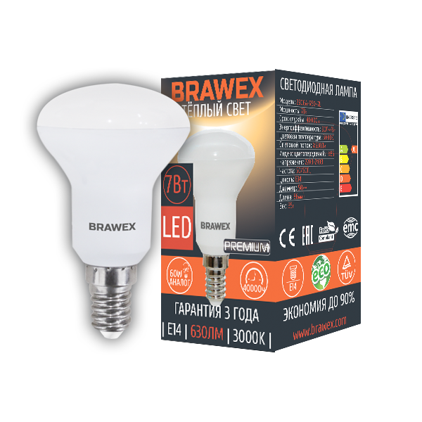 Лампа светодиодная Brawex рефлектор матовый E14 7Вт 3000K 2906A-R50-7L