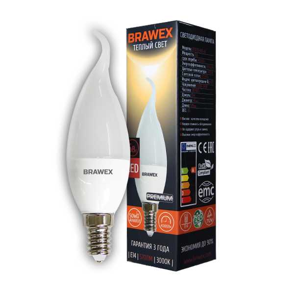 Лампа светодиодная Brawex свеча на ветру матовая E14 6Вт 3000K 0707Q-B35-6L