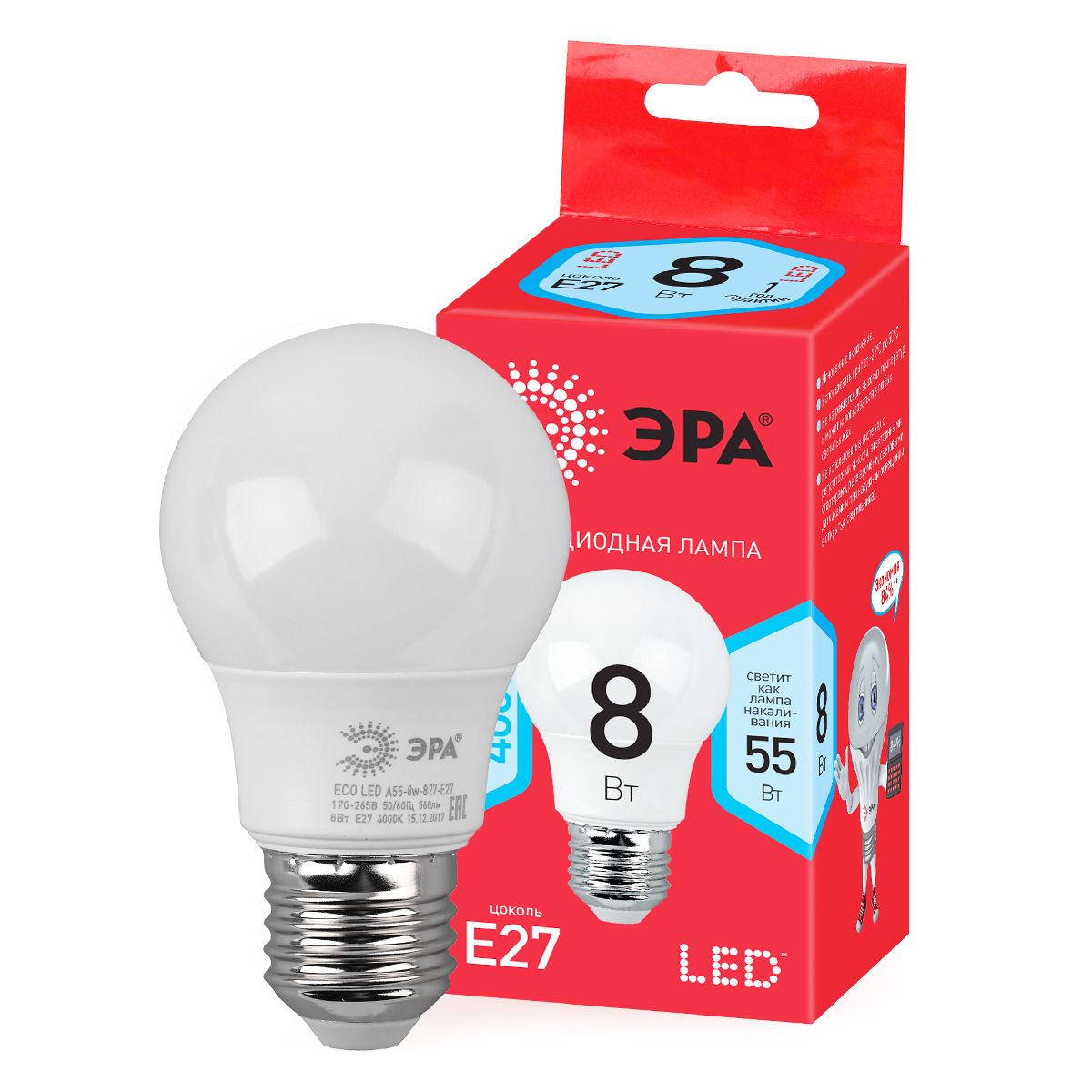 Лампа светодиодная Эра E27 8W 4000K LED A55-8W-840-E27 R Б0052382 УЦ
