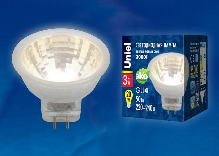 Лампа светодиодная (UL-00001701) Uniel GU4 3W 4000K прозрачная LED-MR11-3W/NW/GU4 GLZ21TR