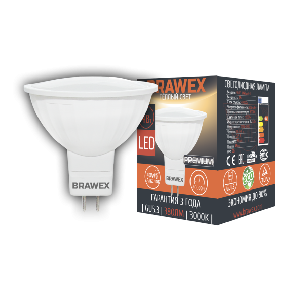 Лампа светодиодная Brawex PREMIUM рефлектор матовый GU5.3 4Вт 3000K 3607J-MR16k1-4L