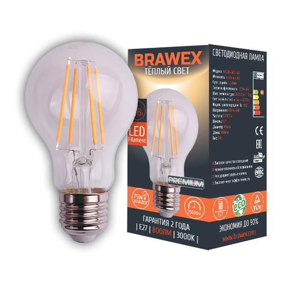 Лампа светодиодная Brawex филамент груша прозрачная E27 8Вт 3000K 0307D-A60F-8L