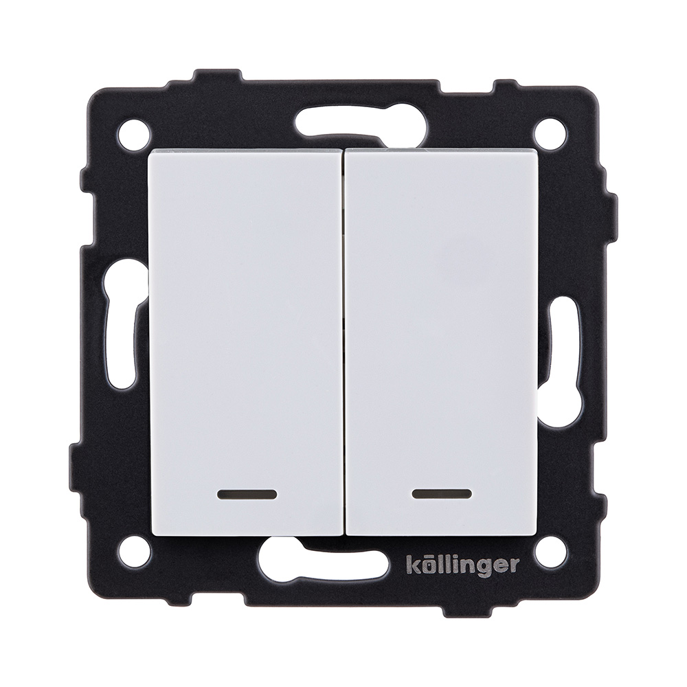 Выключатель 2-клавишный проходной 10А/250В с LED подсветкой, белый Kollinger REA-S-010WH для Aspekt, Eleganz, Reflex
