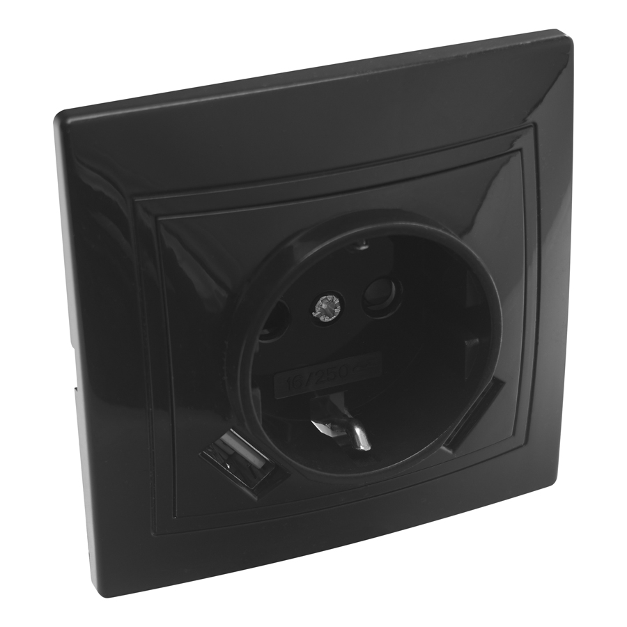 Розетка 2П+З с защ. шт. 16А 250В + USB порт Tape-A 2,1А 5В IP20, черная 
