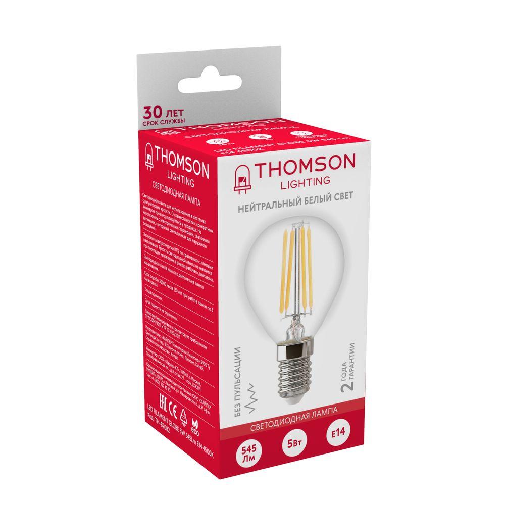 Лампа светодиодная филаментная Thomson E14 5W 4500K шар прозрачный TH-B2082