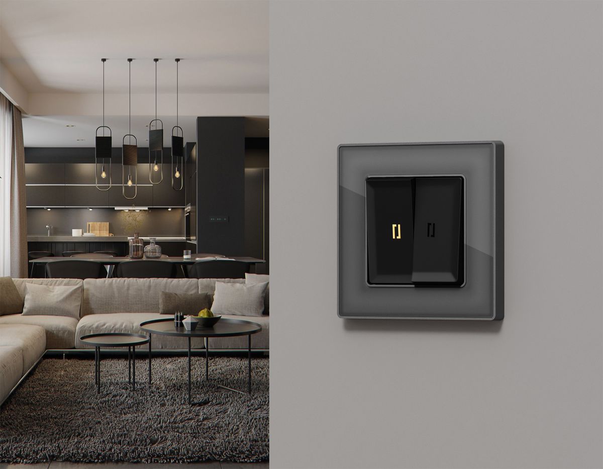 Комплект механизма 2-кл выключателя с самовозвратом с подсветкой 3200K ALFA Черный матовый QUANT Ambrella Volt MA804050 (AP8040, VM129, G11Y)