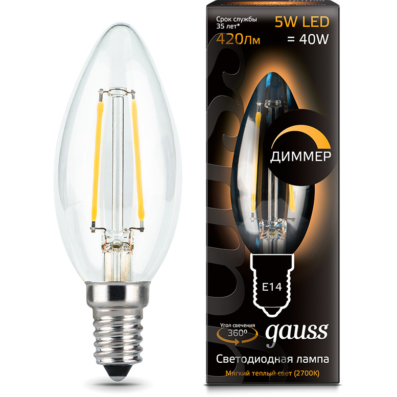 

Лампа светодиодная диммируемая филаментная E14 5W 2700К прозрачная 103801105-D