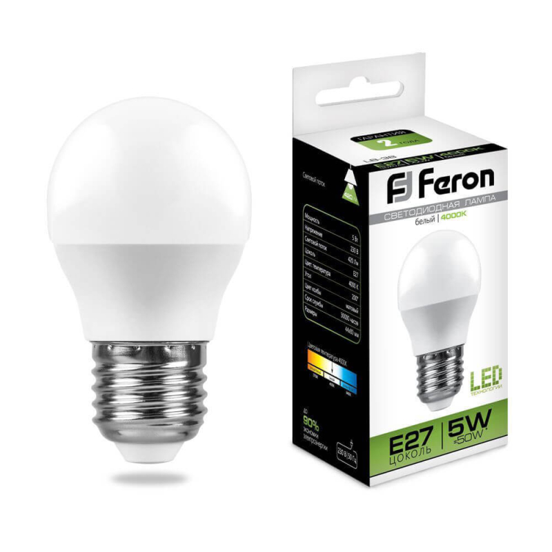 Лампа светодиодная Feron E27 5W 4000K Шар Матовая LB-38 25405 УЦ