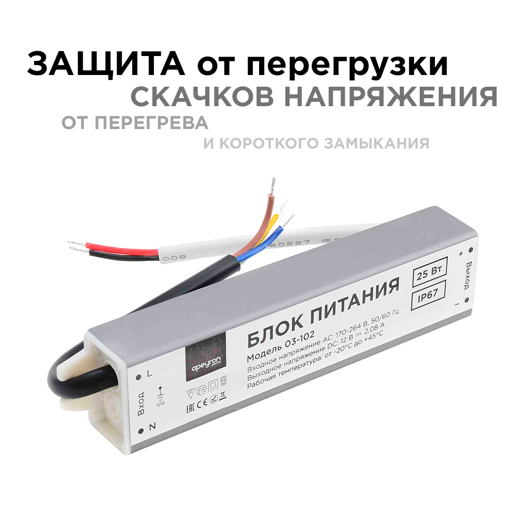 Блок питания Apeyron 12В (СТ) 25Вт импульсный IP67 170-264В 2,08А 03-102