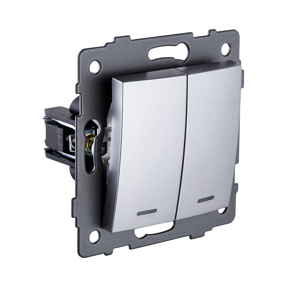 Выключатель 2-клавишный проходной 10А/250В с LED подсветкой, изогнутый, серый Kollinger REA-R-010GY для Aspekt, Eleganz, Reflex