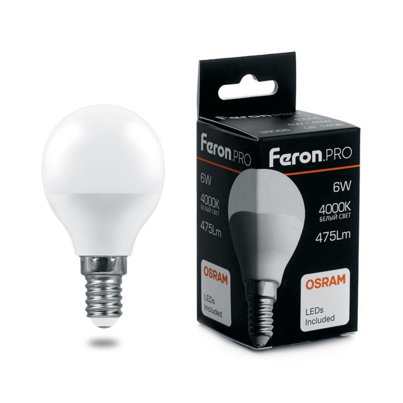 Лампа светодиодная Feron E14 6W 4000K шар матовый LB-1406 38066