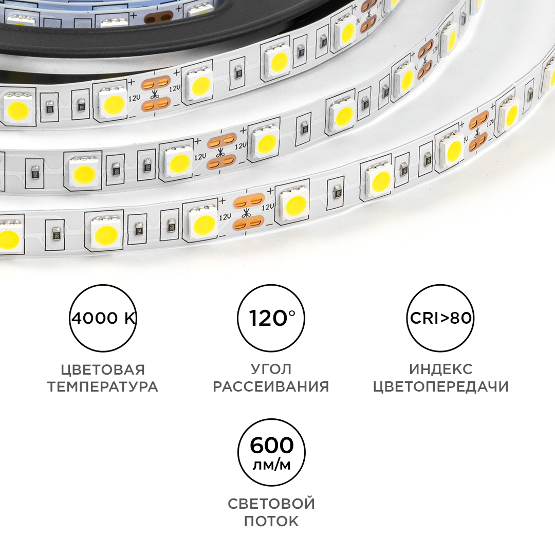 Светодиодная лента OGM 12В 5050 14,4Вт/м 4000К 600Лм/м 5м IP20 LSE-269