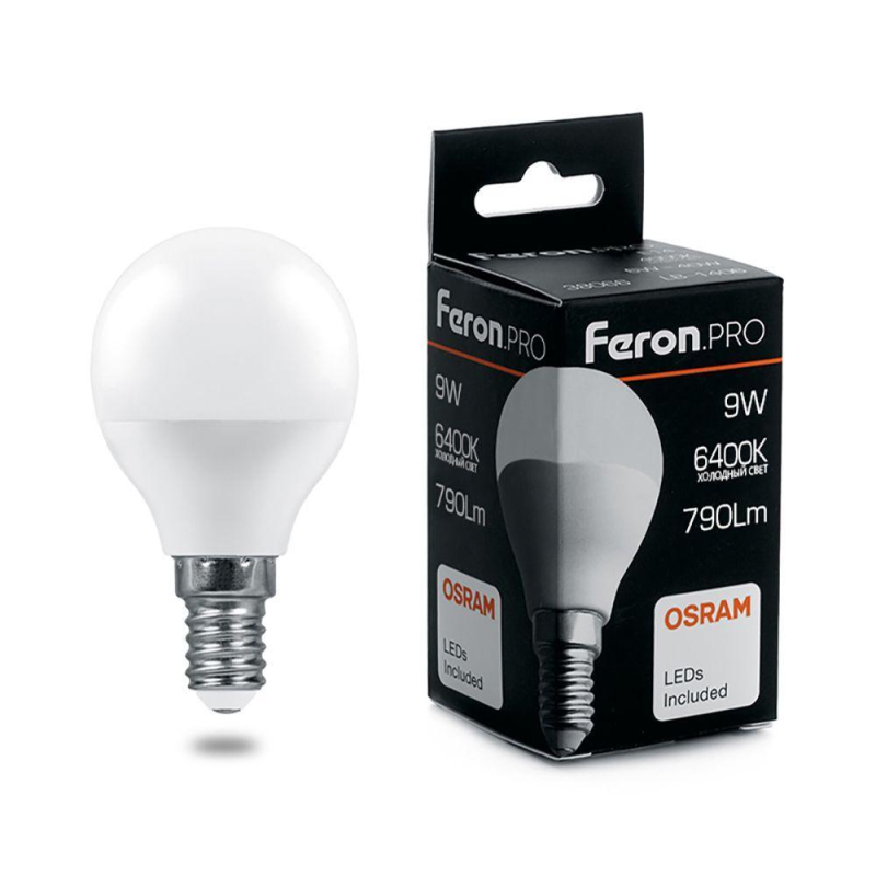 Лампа светодиодная Feron Pro E14 9W 6400K шар матовый LB-1409 38079