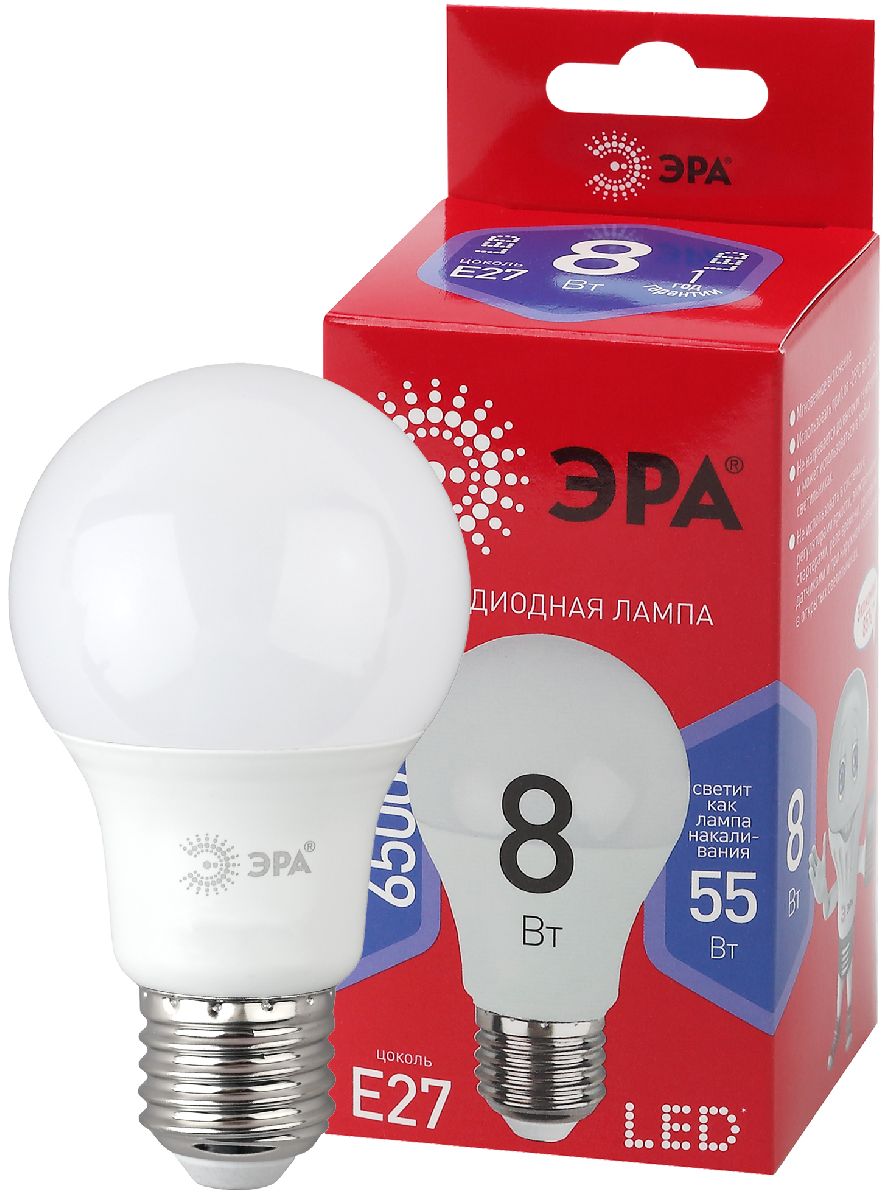 Лампа светодиодная Эра E27 8W 6500K LED A60-8W-865-E27 R Б0045323