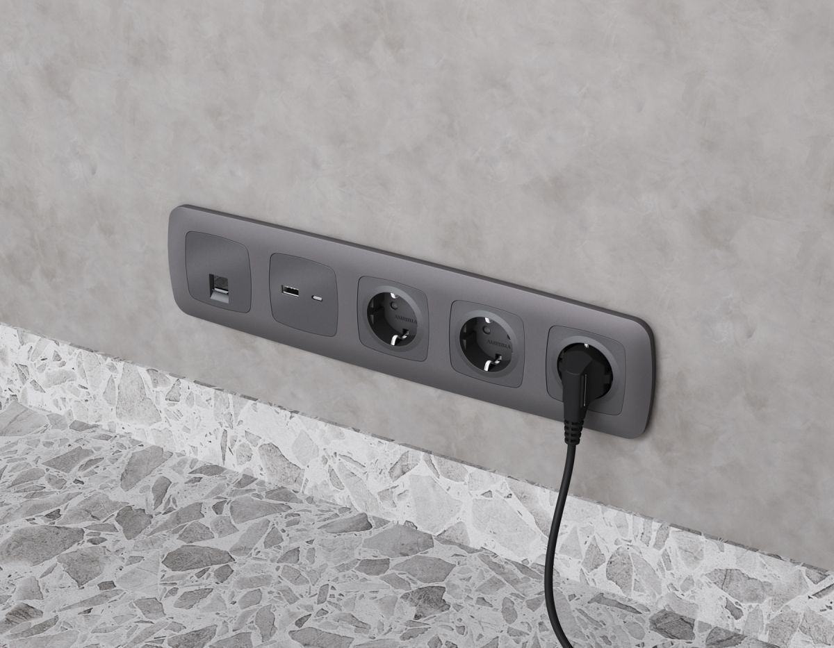 Комплект механизма компьютерной розетки Ambrella Volt RJ-45 (8P8C) CAT6A экранированной с автоматической защитной шторкой OMEGA MO662005 Антрацит серый QUANT (OP6620, VM185)