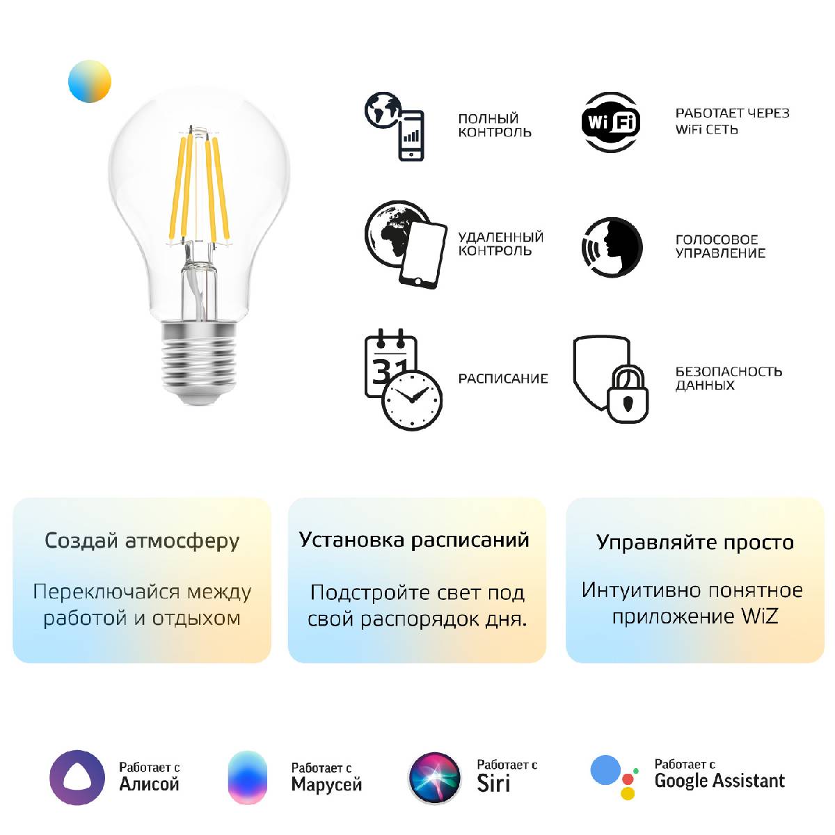 Лампа светодиодная диммируемая филаментная Gauss E27 6,5W 2000-6500K прозрачная 1220112