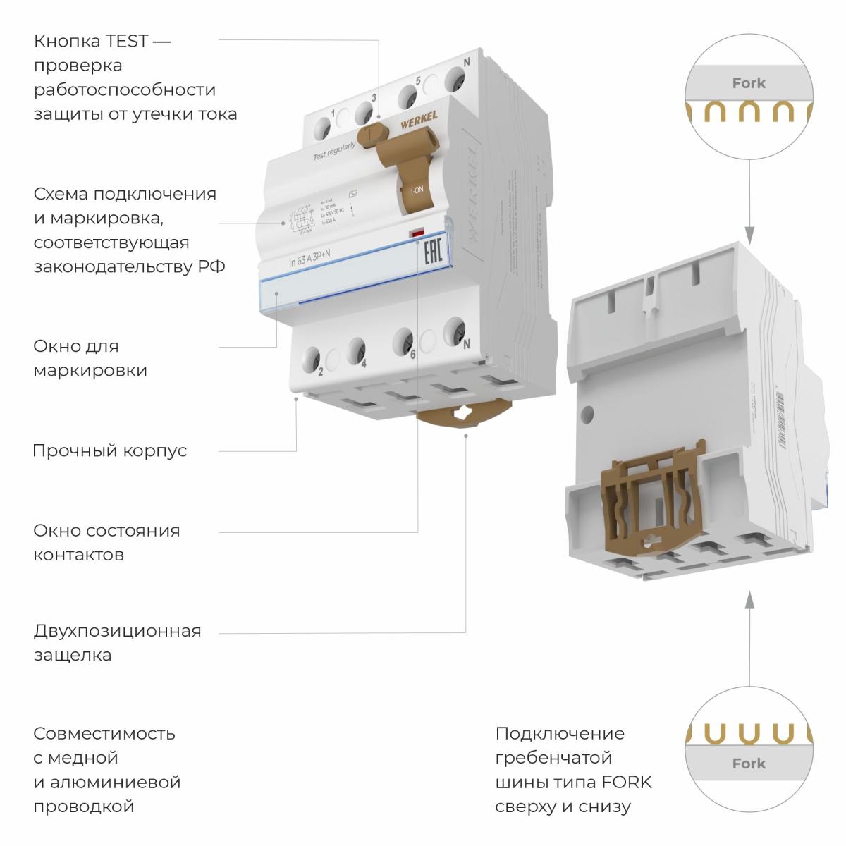 Устройство защитного отключения 3P+N 40 A 30 mА АС 6 kА Werkel W914P406 4690389193170 a062565