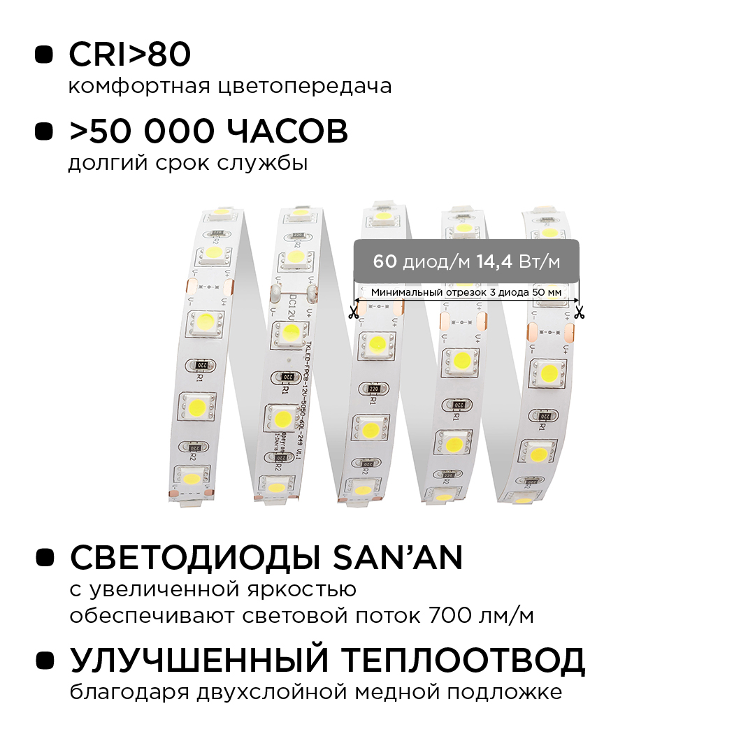 Комплект светодиодной ленты Apeyron 12В 144Вт/м smd 5050 60 д/м IP20 1м 6500К (блок, коннектор) 10-67