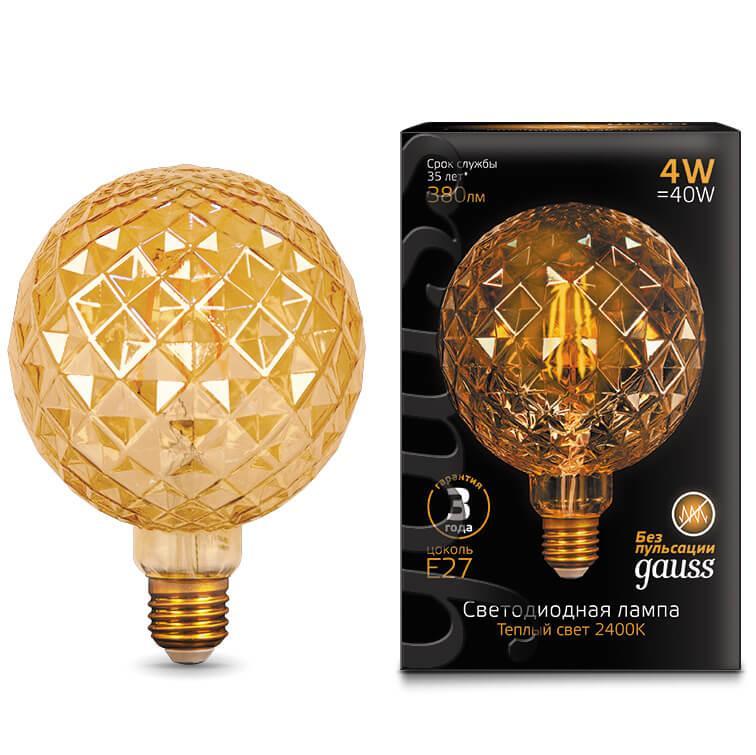 Лампа светодиодная филаментная Gauss E27 4W 2400K шар золотой 105802004