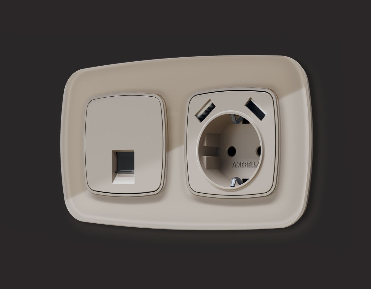 Комплект механизма компьютерной розетки Ambrella Volt RJ-45 (8P8C) CAT6A экранированной с автоматической защитной шторкой OMEGA MO372005 Серо-бежевый матовый QUANT (OP3720, VM185)