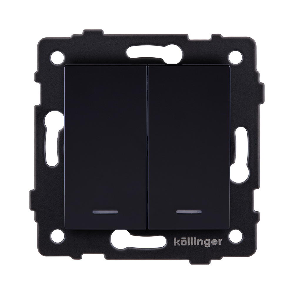Выключатель 2-клавишный проходной 10А/250В с LED подсветкой, черный Kollinger REA-S-010BK для Aspekt, Eleganz, Reflex