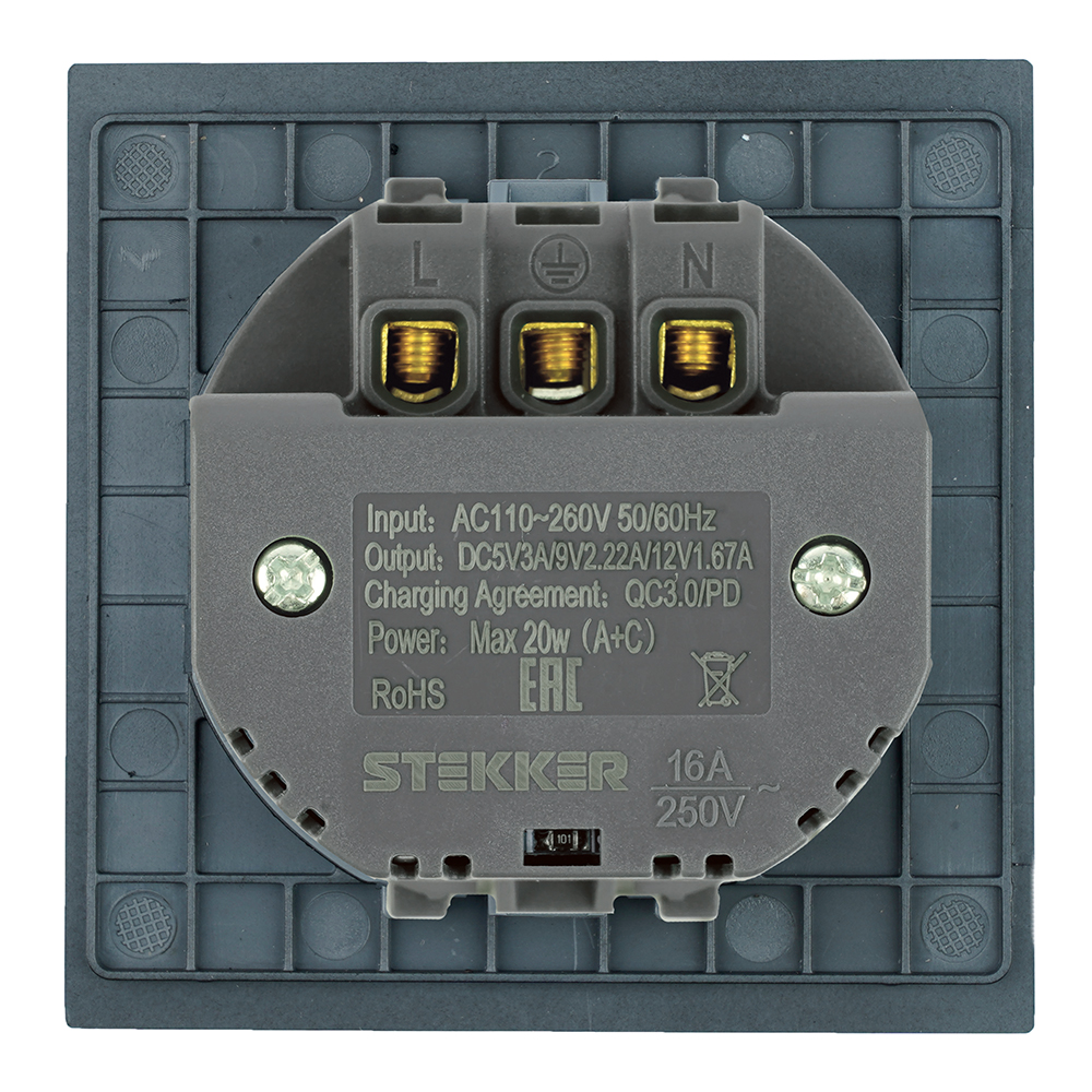 Розетка 1-местная з/ш с/з 16А + USB + Type C (механизм) Stekker Мия 250В 20W RST16-3119-05 черный бархат 50452